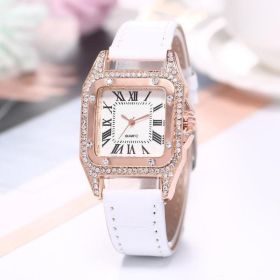 Women Diamond Watch Starry Square Dial Bracelet Watches Ladies Leather Band Quartz Wristwatch Female Clock(No Box) (Color: White)